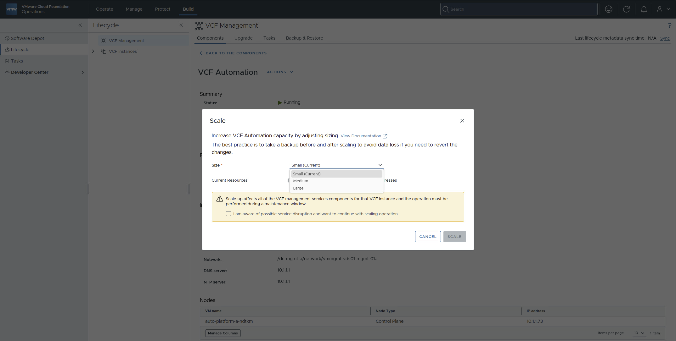 Scaling example in VCF Operations UI